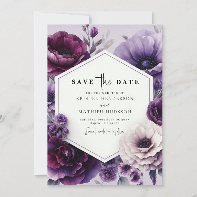 Reserve A Data Casamento Floral Chic Purple Editável (Frente)