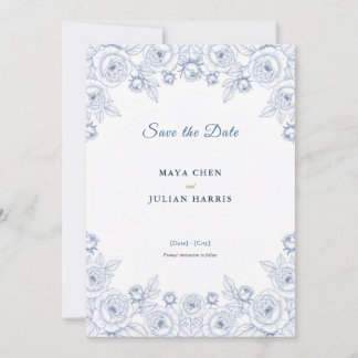 Reserve A Data Casamento Floral Chinoiserie Azul e Branco Elegant