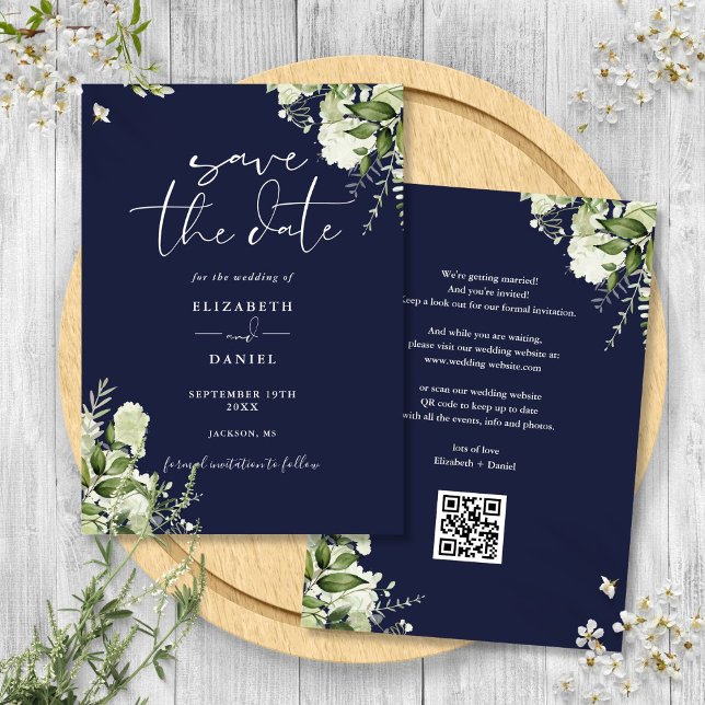 Reserve A Data Casamento Floral Código QR Verde Azul-Marinho (Navy Blue Greenery Floral QR Code Wedding Save The Date)