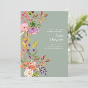 Reserve A Data Casamento Floral Colorido em Aquarela em Verde Sal