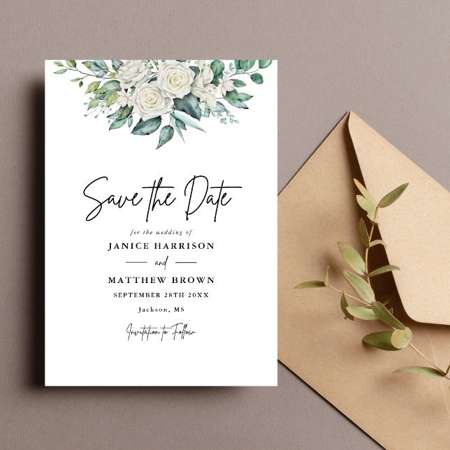 Reserve A Data Casamento Floral com Folhagem e Rosa Branca Elegan (White rose greenery save the date sets a timeless tone while sharing your wedding details.)