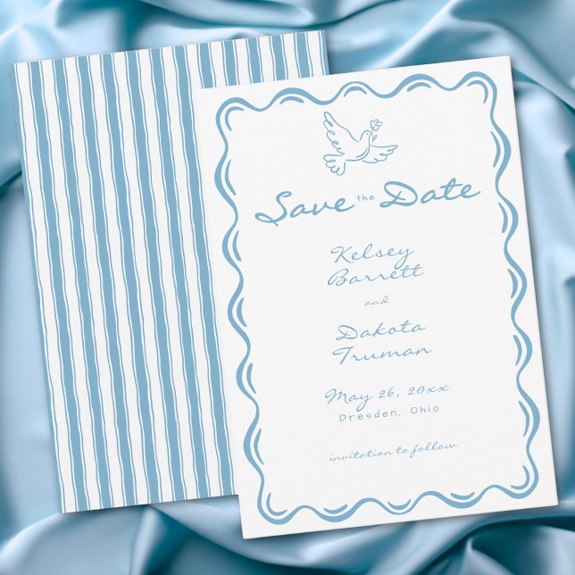 Reserve A Data Casamento Floral com Listra Azul Caprichoso Desenh (Whimsical Blue Hand Drawn Floral Stripe Wedding Save The Date)