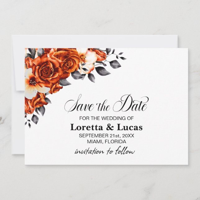 Reserve A Data Casamento Floral com Rosa de Laranja Queimado Salv (Frente)