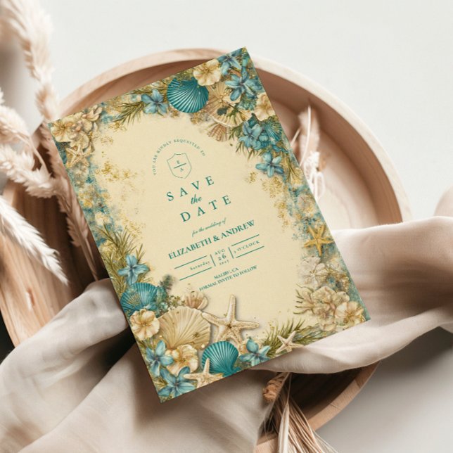 Reserve A Data Casamento Floral com Tom de Rosto Suave e Conchas (Criador carregado)