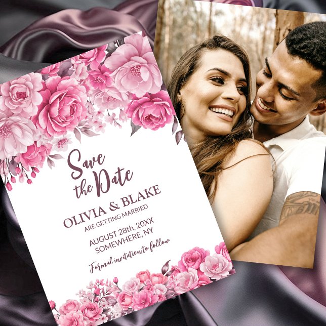 Reserve A Data Casamento Floral Cor-de-Foto Rosa Personalizada (Criador carregado)