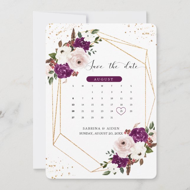 Reserve A Data Casamento Floral Cor-de-Rosa Escamudo Geométrico (Frente)