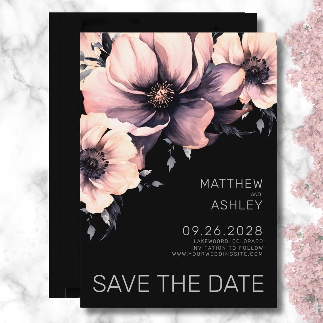 Reserve A Data Casamento Floral Cor-de-Rosa Preto Elegante (Modern Floral Black White Wedding Reply RSVP Enclosure Card)