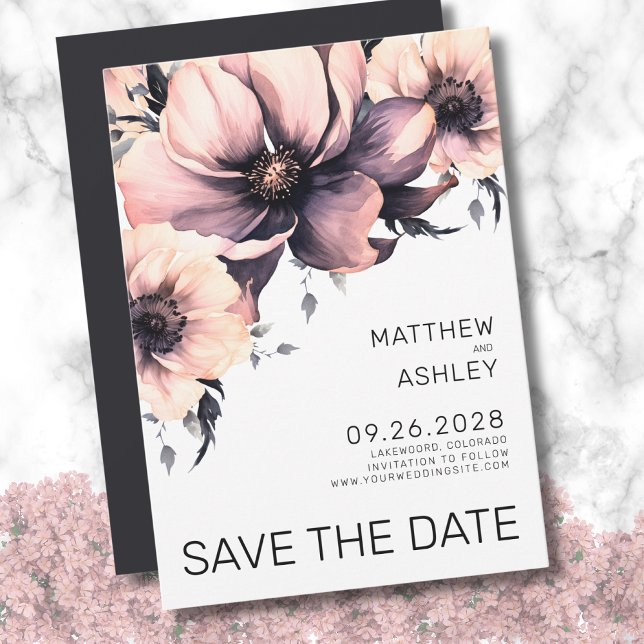 Reserve A Data Casamento Floral Cor-de-Rosa Simples Moderno (Simple Elegant Floral Pink Black White Wedding Save the Date)
