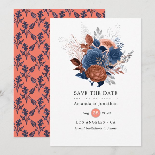 Reserve A Data Casamento Floral Coral, Azul Marinho e Prata (Frente/Verso)