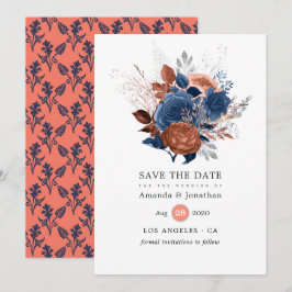 Reserve A Data Casamento Floral Coral, Azul Marinho e Prata