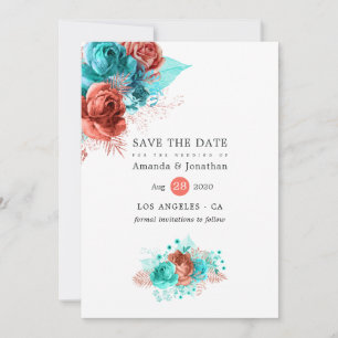 Reserve A Data Casamento Floral Coral Vivo e Turquesa