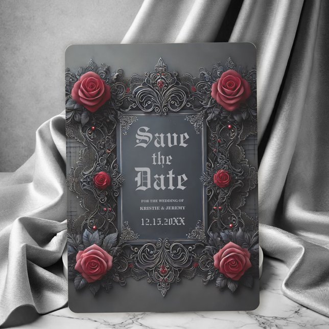 Reserve A Data Casamento Floral da Cinza Vermelha Gótica Salvar a (Gothic Wedding Save the Date with Red roses on a dark gray background.)