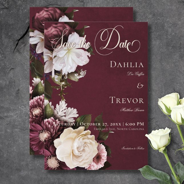 Reserve A Data Casamento Floral Dark Elegant Burgundy & Cream (Dark Elegant Burgundy & Cream Floral Wedding Save The Date)