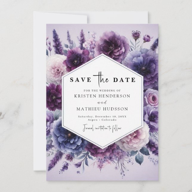 Reserve A Data Casamento Floral de Bloom Digital Purple (Frente)
