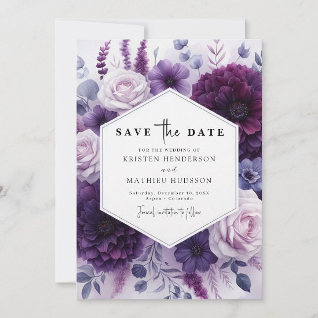 Reserve A Data Casamento Floral de Bloom Purple Editável (Frente)