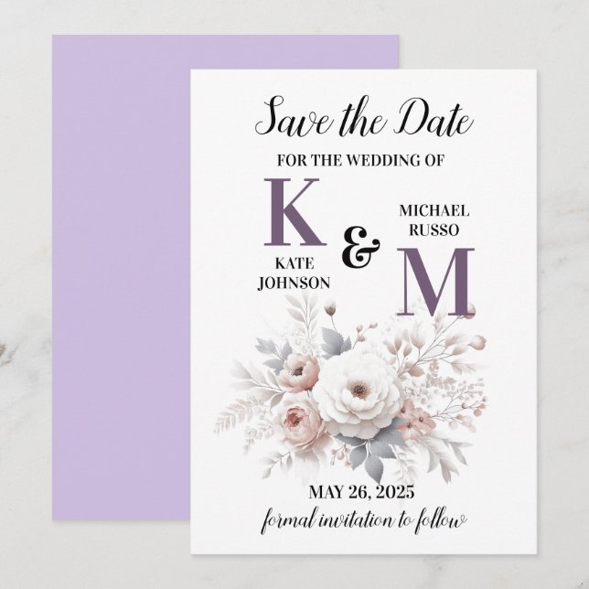 Reserve A Data Casamento Floral de Blush Púrpura e Branco Elegant (Frente/Verso)