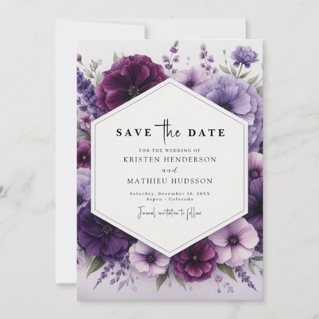 Reserve A Data Casamento Floral de Boho Purple Minimalista (Frente)