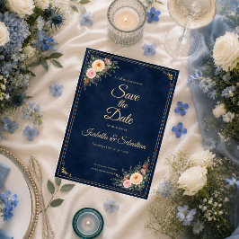 Reserve A Data Casamento Floral de Canto em Azul Marinho Elegante