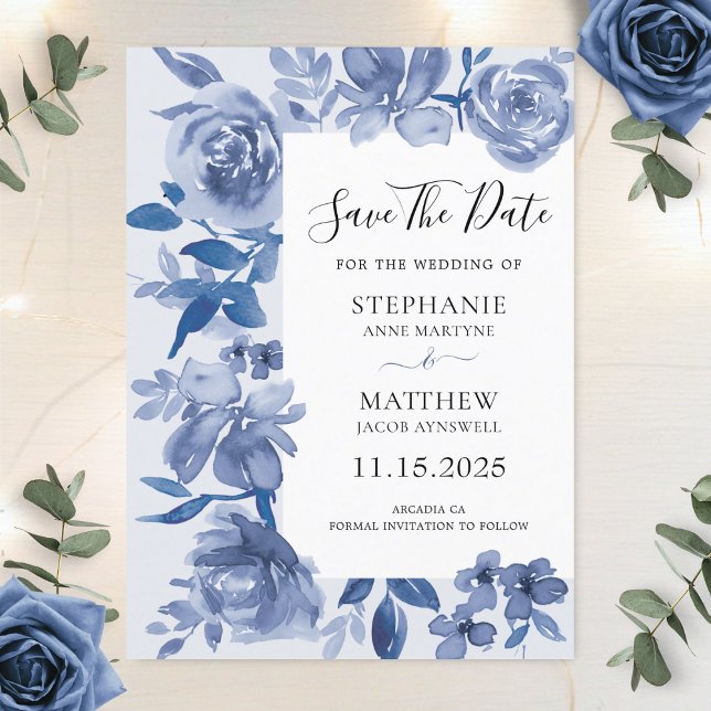 Reserve A Data Casamento Floral de Cor Azul Elegante (Criador carregado)