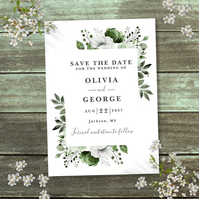 Reserve A Data Casamento Floral de Cor de Água Moderna Verde Oleí (Olive Green Modern Watercolor Floral Wedding Save The Date)