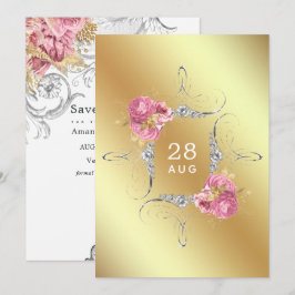 Reserve A Data Casamento Floral de Diamante Rosa, Dourado e Prate