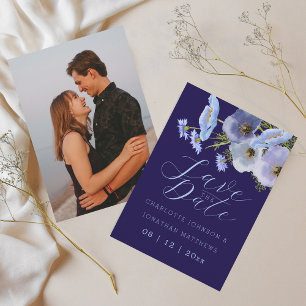 Reserve A Data Casamento Floral de Flores Silvestres Azul Marinho