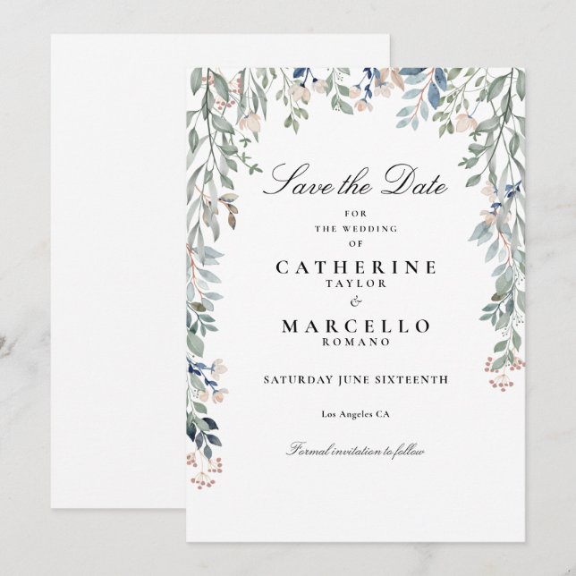 Reserve A Data Casamento Floral de Flores Silvestres com Roteiro  (Frente/Verso)