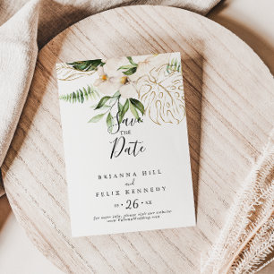 Reserve A Data Casamento Floral de Folhagem Tropical Dourada