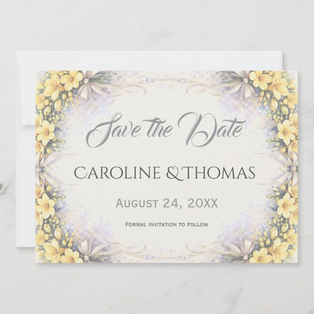 Reserve A Data Casamento Floral de Freesia Romântico Amarelo Caná (Frente)