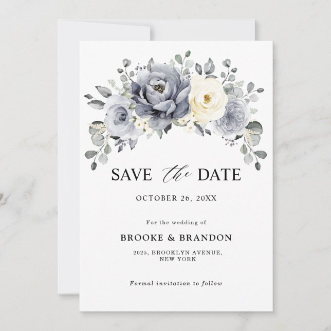 Reserve A Data Casamento Floral de Inverno Cinza Prata Marfim Rús (Frente)