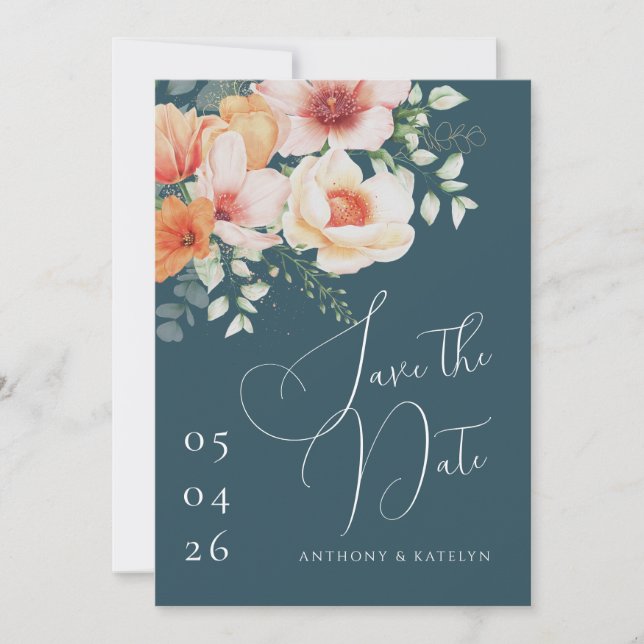 Reserve A Data Casamento Floral de Laranja e Azul Turquesa Primav (Frente)