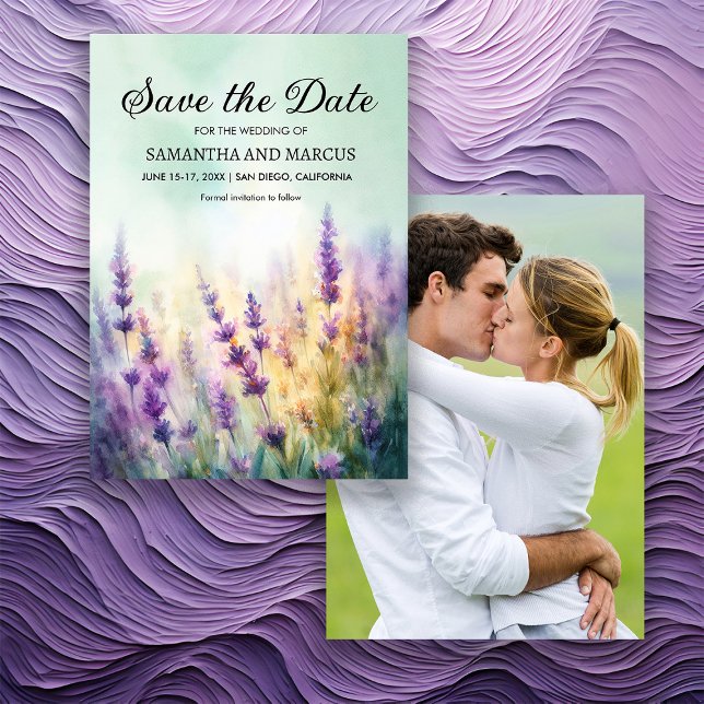 Reserve A Data Casamento Floral de Lavanda na Primavera Foto Salv (Purple lavender floral springtime/summer wedding Save the Date photo card)
