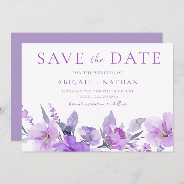 Reserve A Data Casamento Floral de Lavanda Roxo Gordo (Frente/Verso)