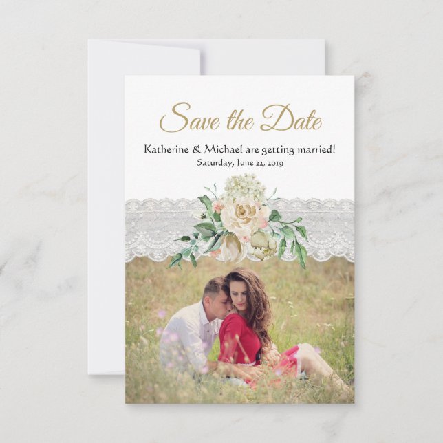 Reserve A Data Casamento Floral de Locais com Rosas Dourados Bran (Frente)