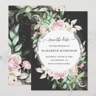 Reserve A Data Casamento Floral de Luxo Negro e Rosa