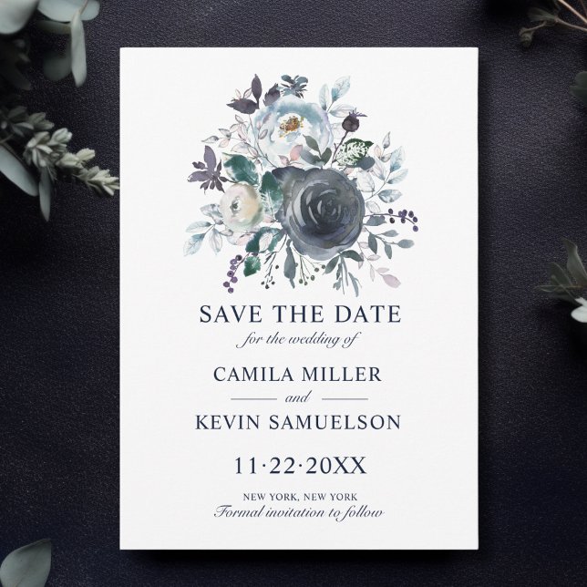 Reserve A Data Casamento Floral de Marinho Azul Clássico com Aqua (Watercolor Classic Blue Navy Floral Wedding Save The Date)