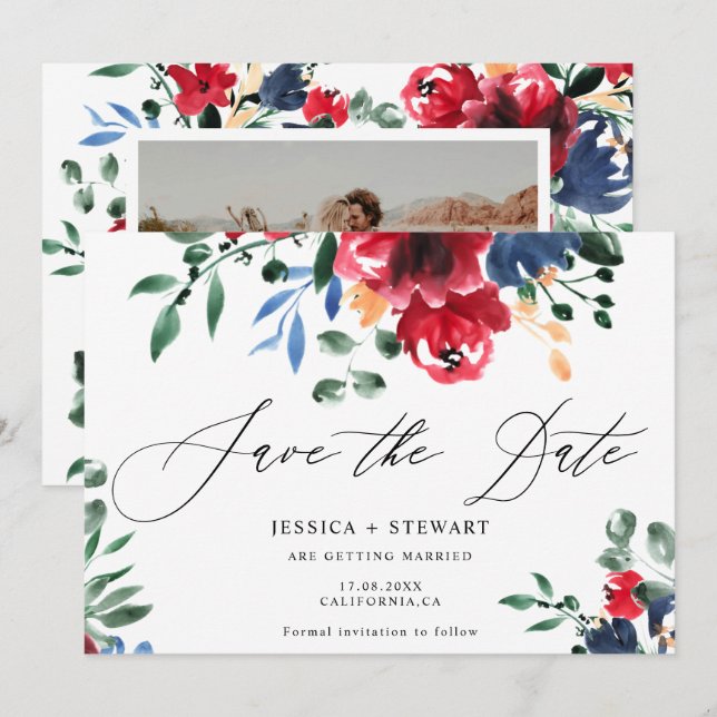 Reserve A Data Casamento floral de marinho Rustic burgundy, salva (Frente/Verso)