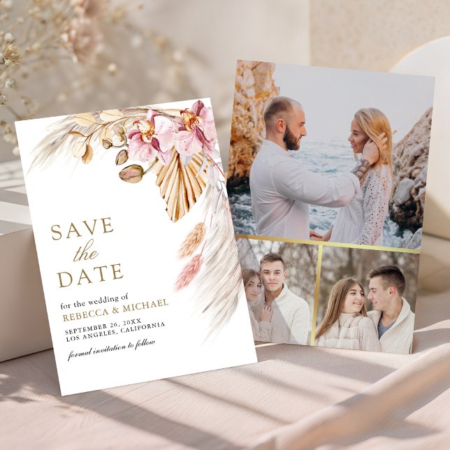 Reserve A Data Casamento Floral de Orquídea Rosa Boho Pampas Foto (Criador carregado)