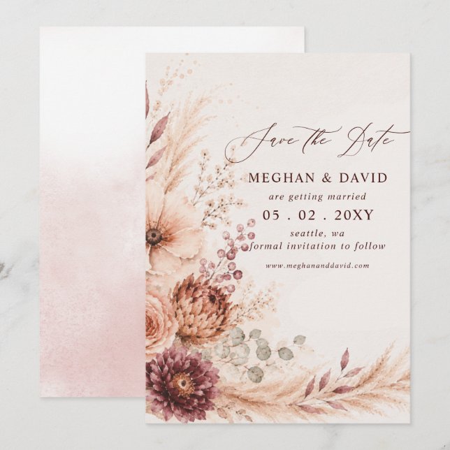 Reserve A Data Casamento Floral de Outono Pampas Burgundy Rústico (Frente/Verso)