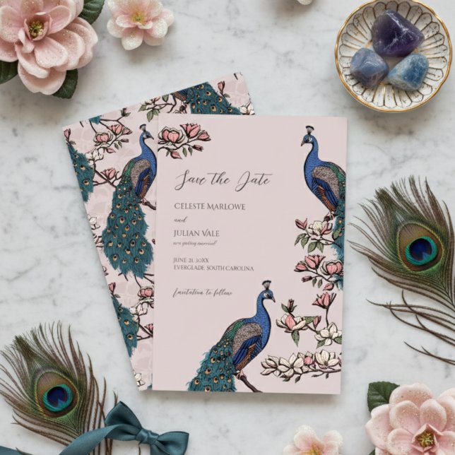 Reserve A Data Casamento Floral de Peacock Elegante Blush (Pink Peacock Save the Dates for Modern Bird Wedding. Vintage Floral Peacock Chinoiserie Engagement )