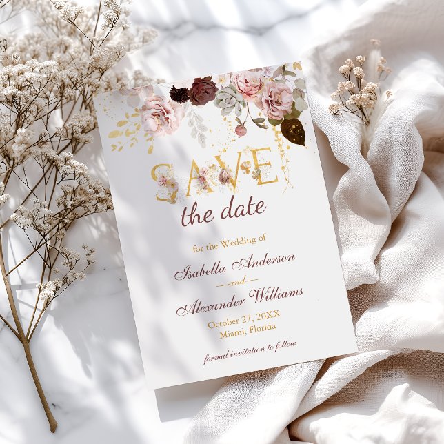 Reserve A Data Casamento Floral de Peônia e Borgonha Dourado (Criador carregado)