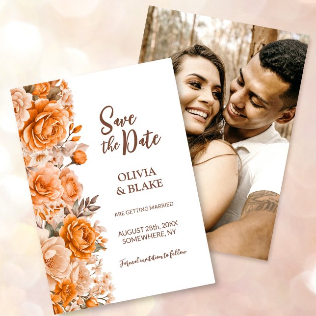 Reserve A Data Casamento Floral de Rosa Laranja Personalizado (Criador carregado)