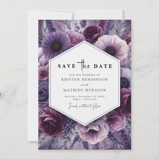 Reserve A Data Casamento Floral De Roxo Botânico (Frente)