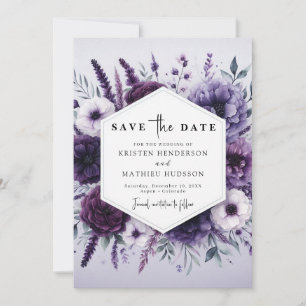 Reserve A Data Casamento Floral de Roxo Botânico Minimalista