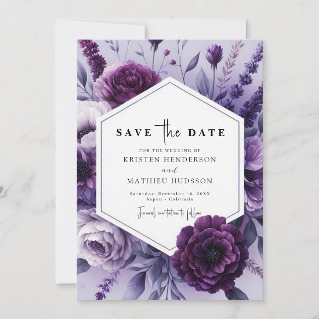 Reserve A Data Casamento Floral de Roxo Quimérico Editável (Frente)