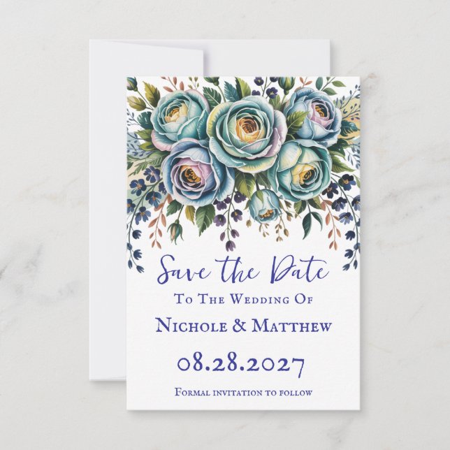 Reserve A Data Casamento Floral de Turquesa Azul Elegante (Frente)