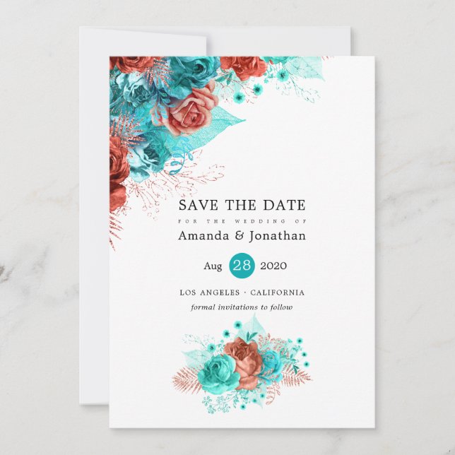Reserve A Data Casamento Floral de Turquesa e Coral Glitter (Frente)
