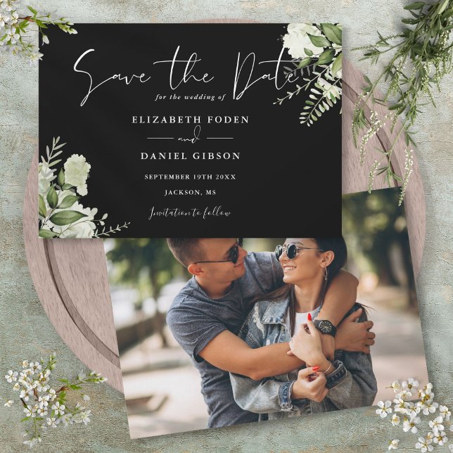 Reserve A Data Casamento Floral de Verde Botânica Preto e Branco (Black And White Greenery Floral Photo Wedding Save The Date)
