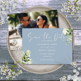 Reserve A Data Casamento Floral de Verde Elegante Azul Empoeirado