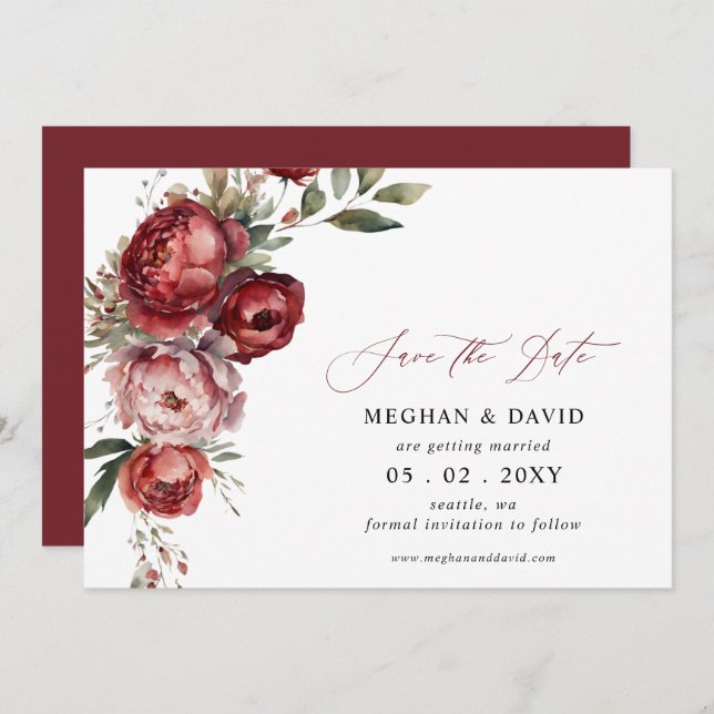 Reserve A Data Casamento Floral do Boho Burgundy (Frente/Verso)